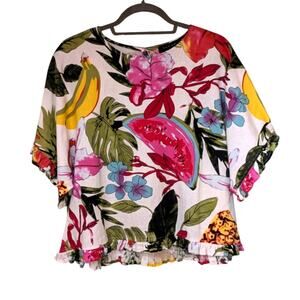 NWOT Tahari Women's Linen Blend Tropical Fruit Flower Ruffle Sleeve Top Medium